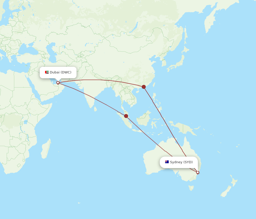 Sydney - Dubai route map and flight paths