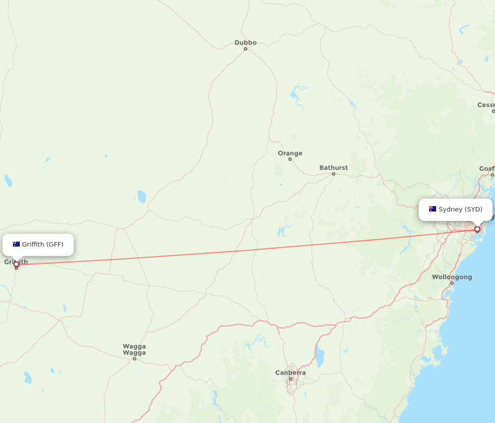SYD to GFF flights and routes map