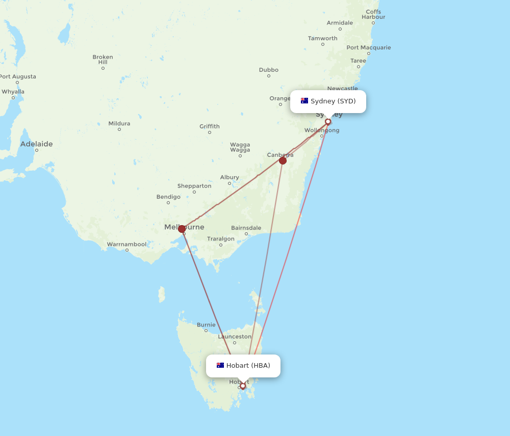 SYD to HBA flights and routes map