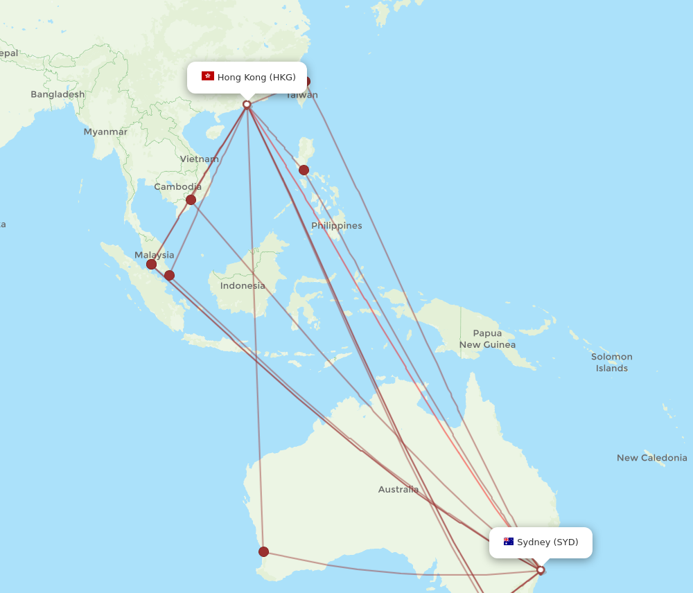 SYD to HKG flights and routes map