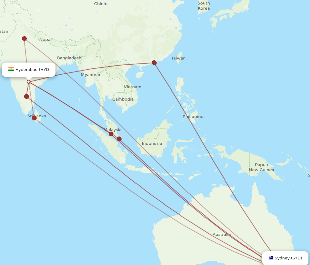 SYD to HYD flights and routes map