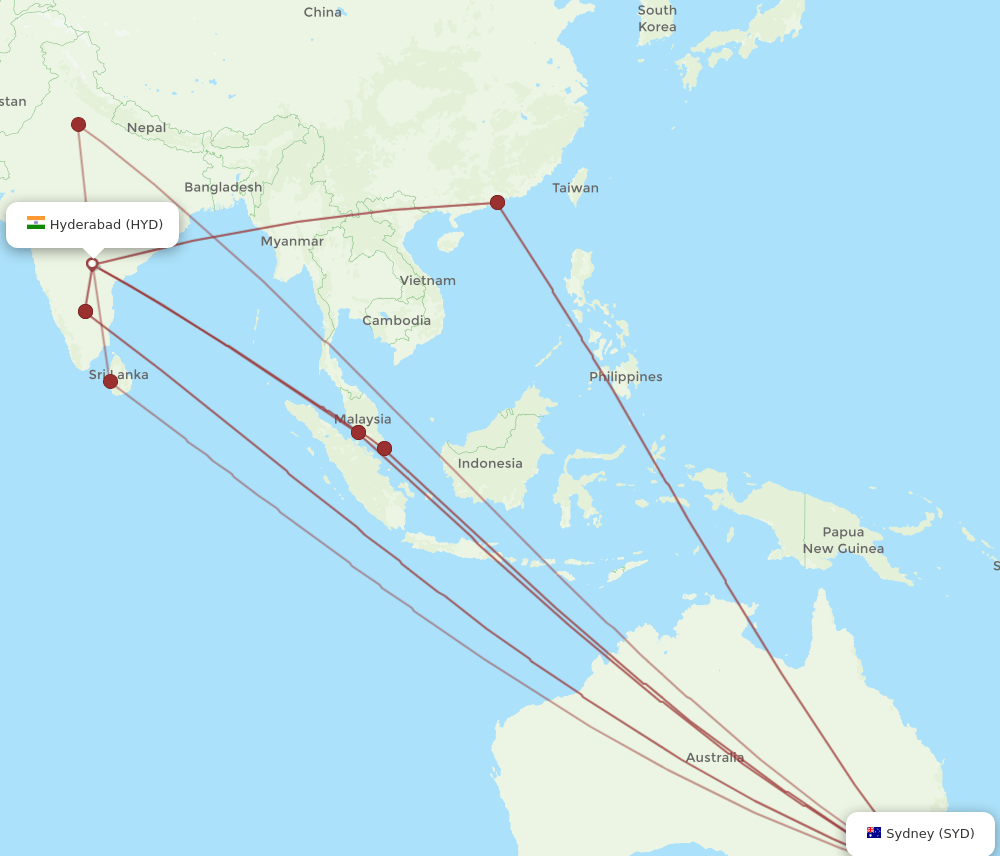 SYD to HYD flights and routes map