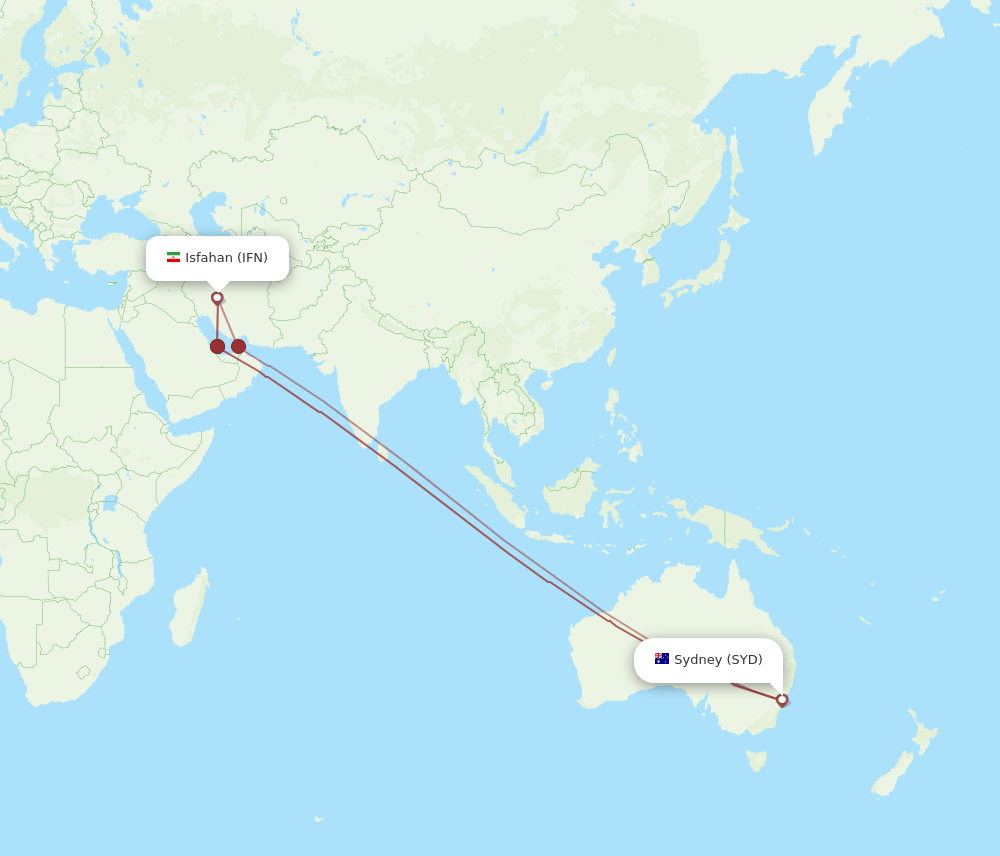 Isfahan - Sydney route map and flight paths