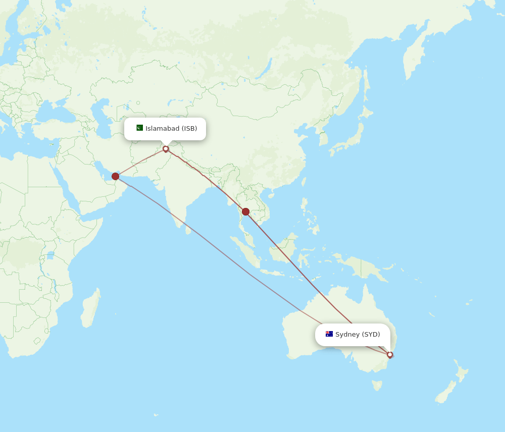 SYD to ISB flights and routes map