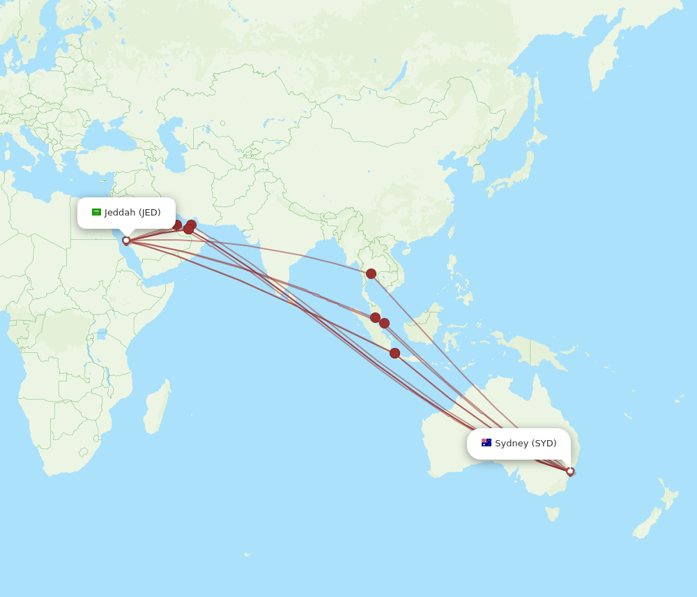 SYD to JED flights and routes map