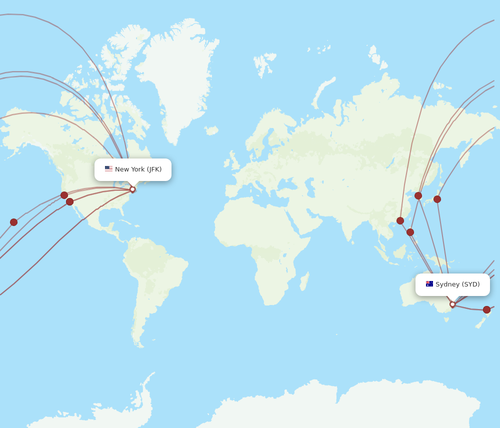 SYD to JFK flights and routes map