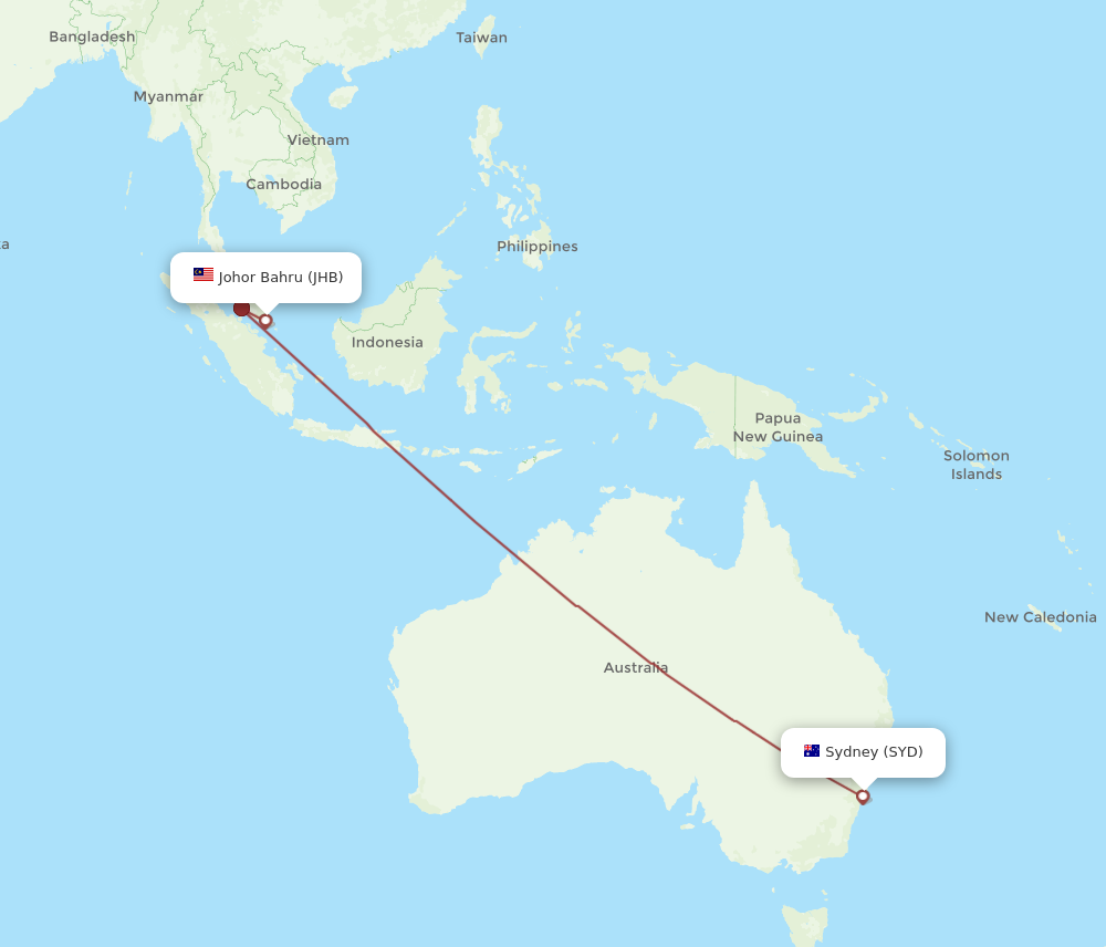 SYD to JHB flights and routes map