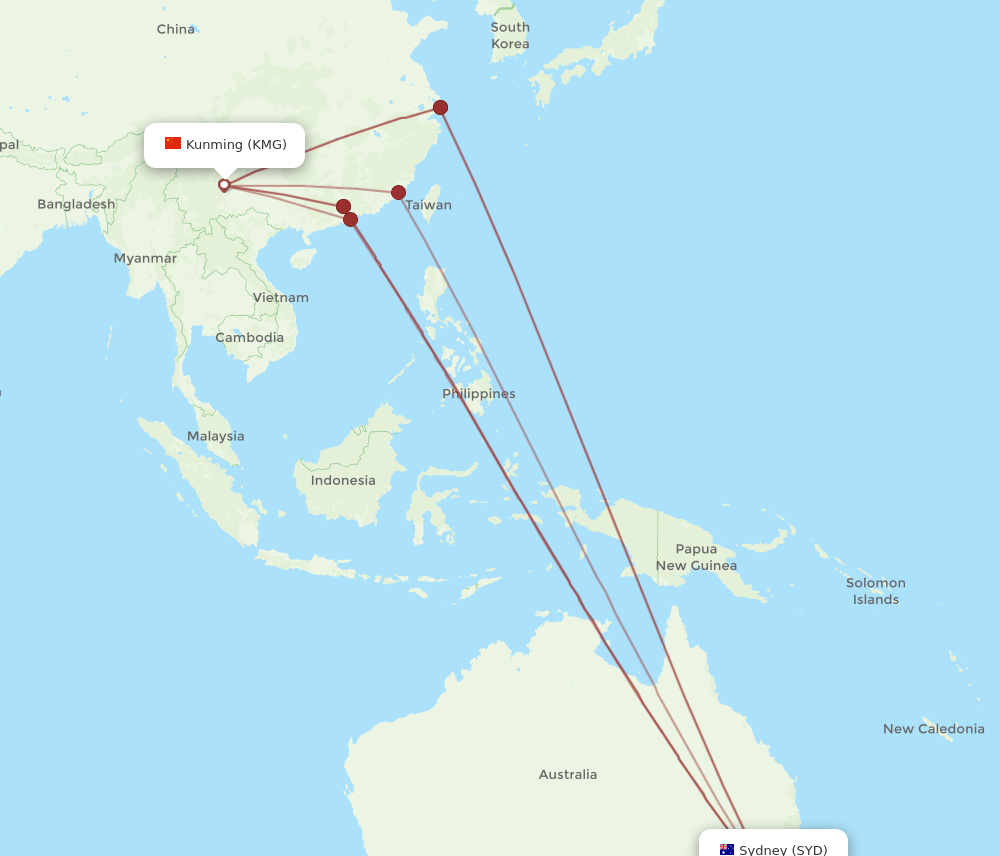 SYD-KMG flight routes