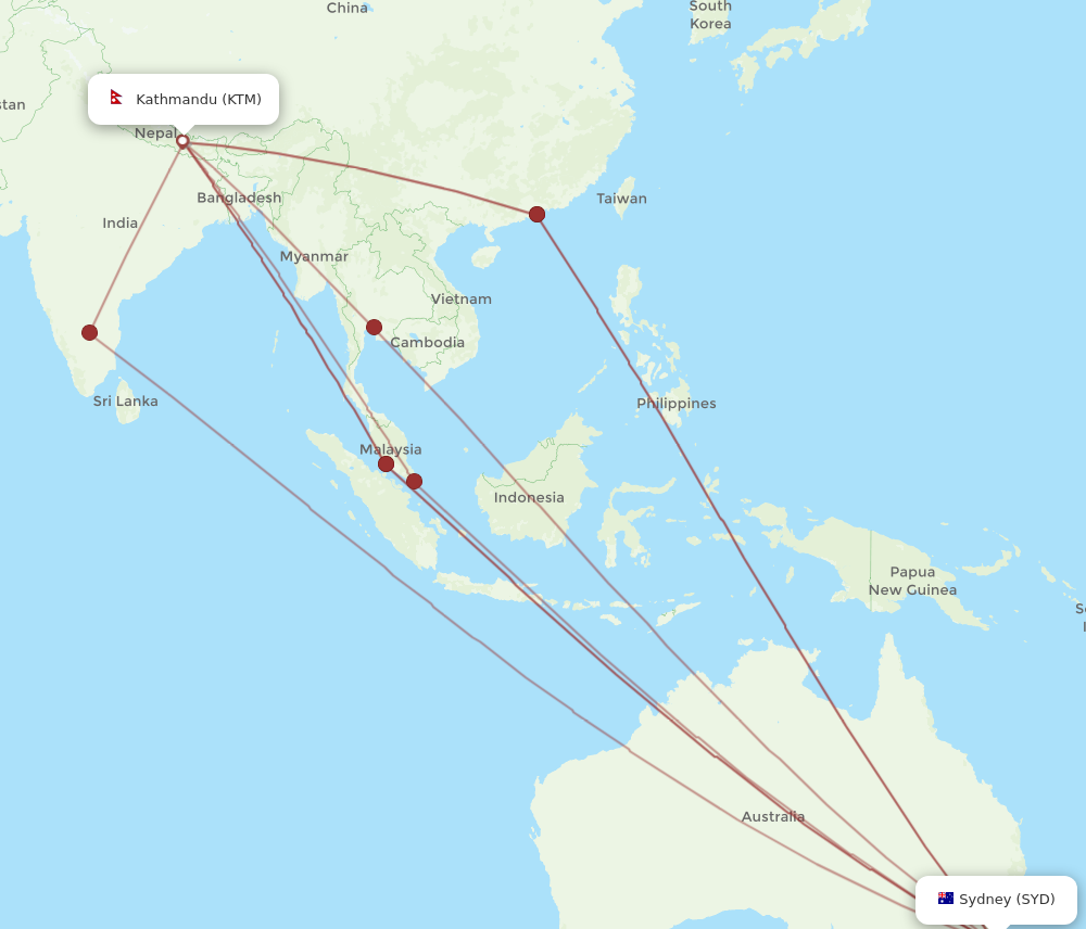 SYD to KTM flights and routes map