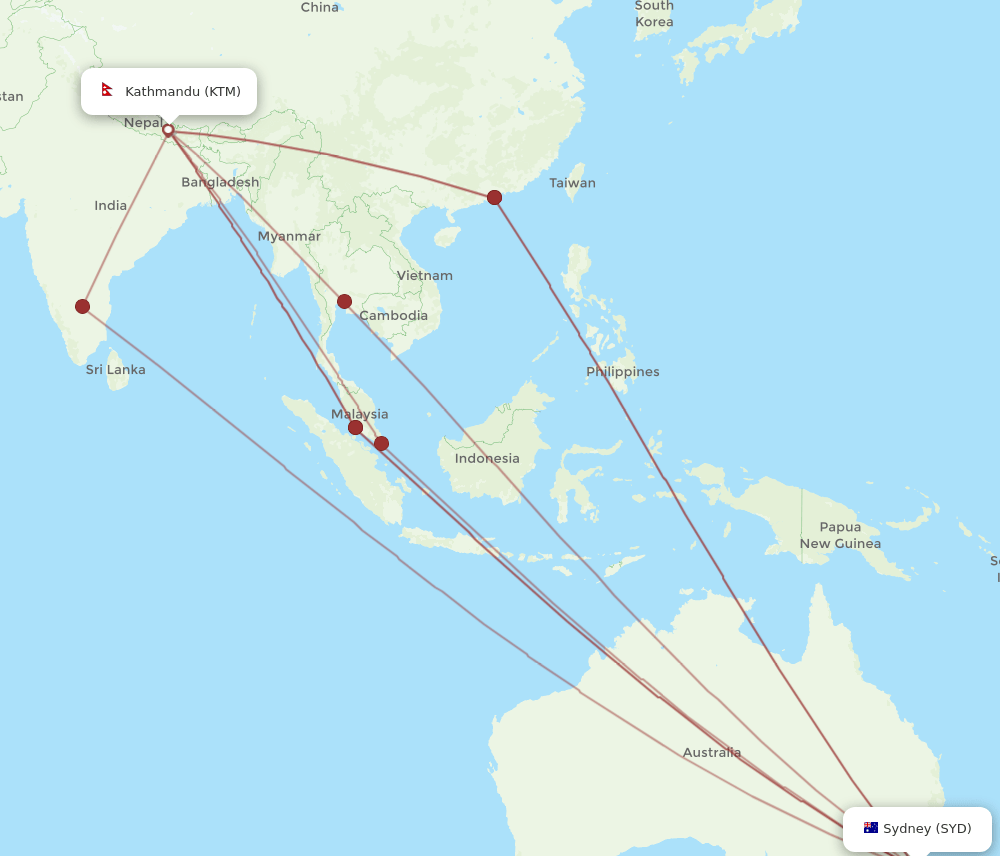 SYD-KTM flight routes
