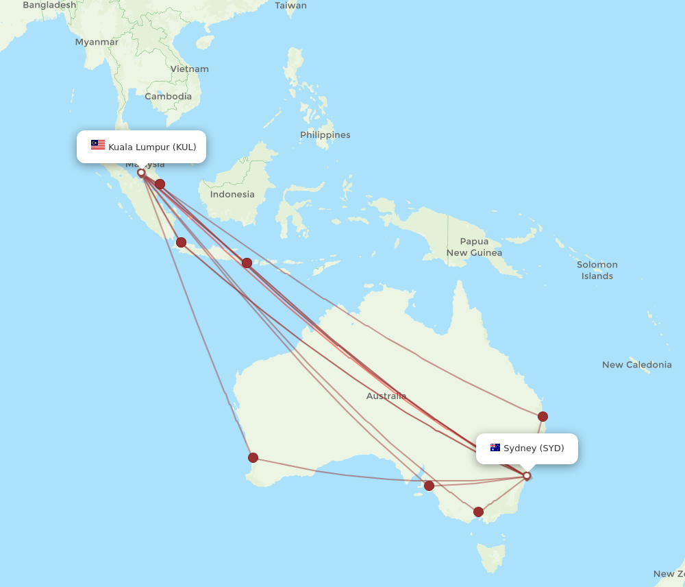 SYD to KUL flights and routes map