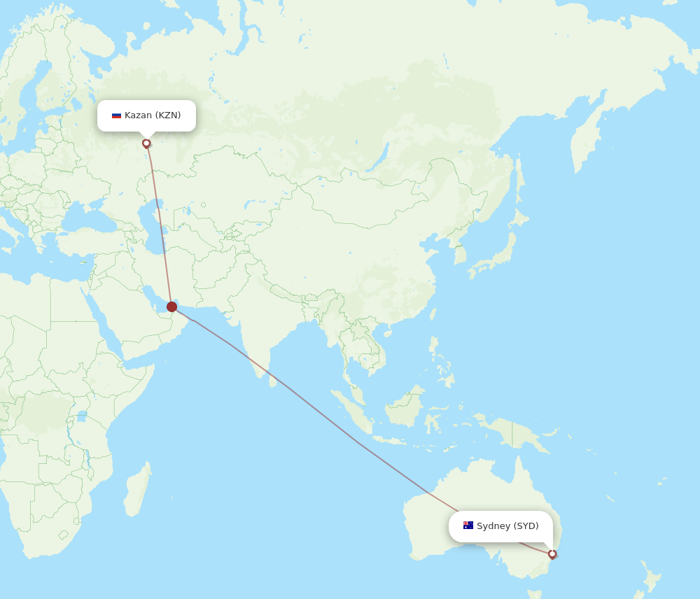 Sydney - Kazan route map and flight paths