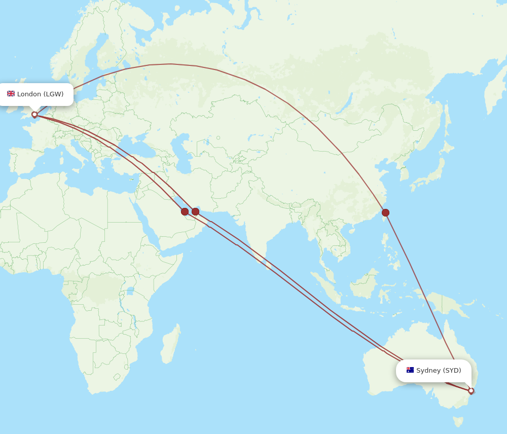 SYD to LGW flights and routes map