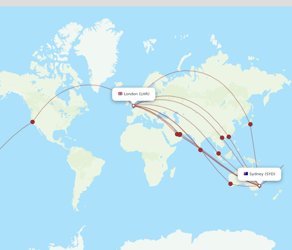 SYD to LHR flights and routes map
