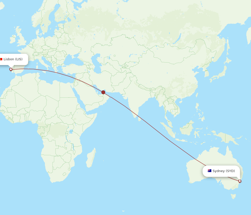 SYD to LIS flights and routes map