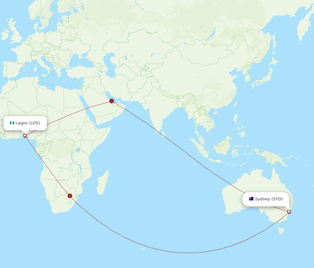 SYD to LOS flights and routes map