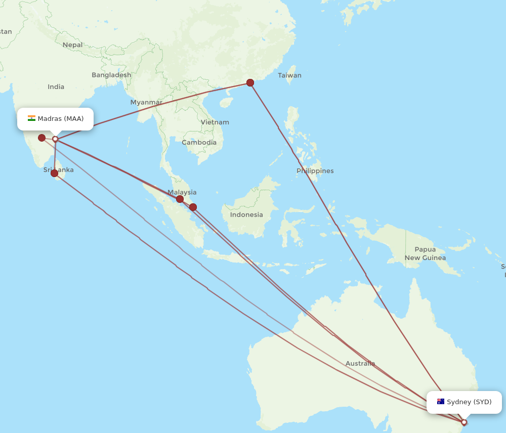 SYD to MAA flights and routes map