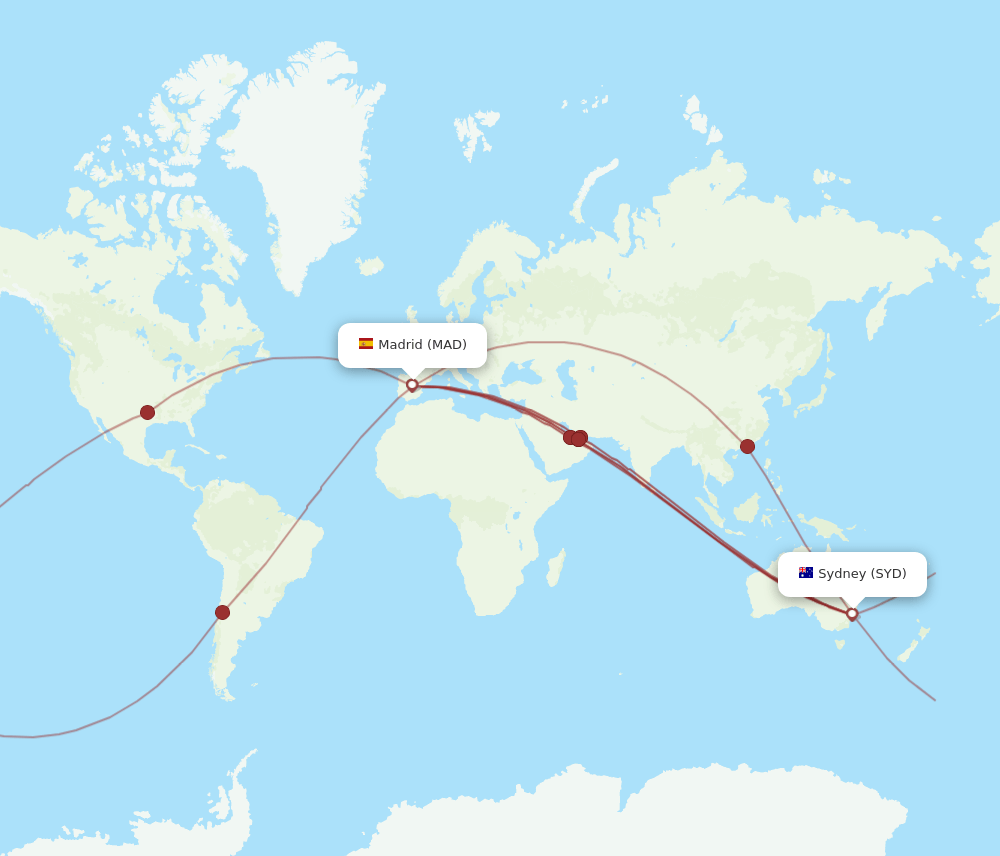 SYD to MAD flights and routes map