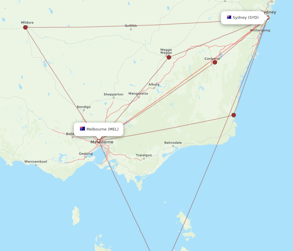 SYD to MEL flight route map