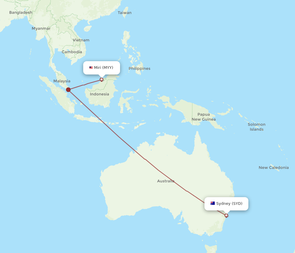 SYD to MYY flights and routes map