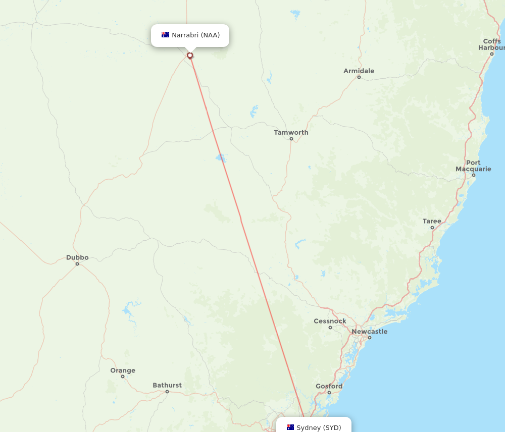 SYD to NAA flights and routes map