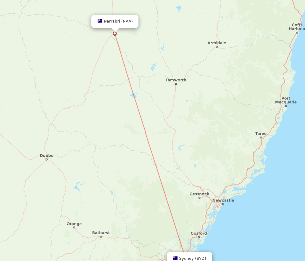 Sydney - Narrabri route map and flight paths