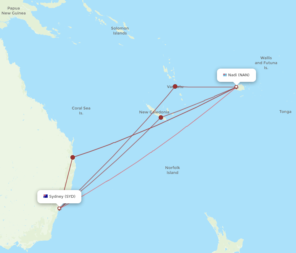 SYD to NAN flights and routes map