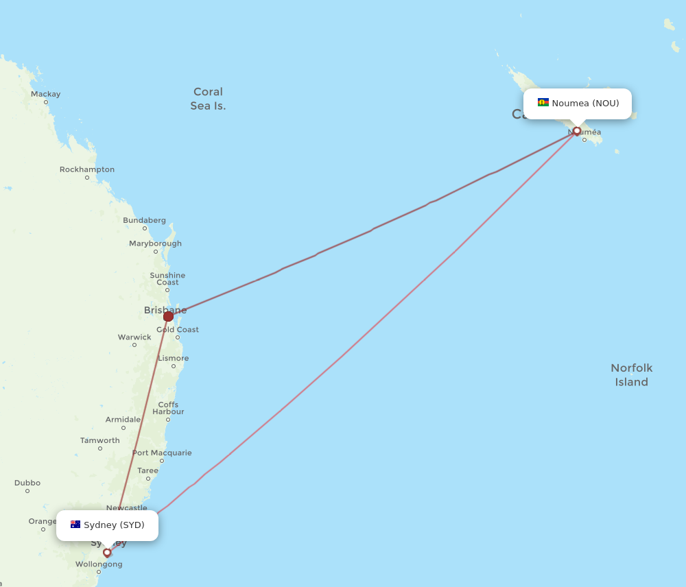 SYD to NOU flights and routes map