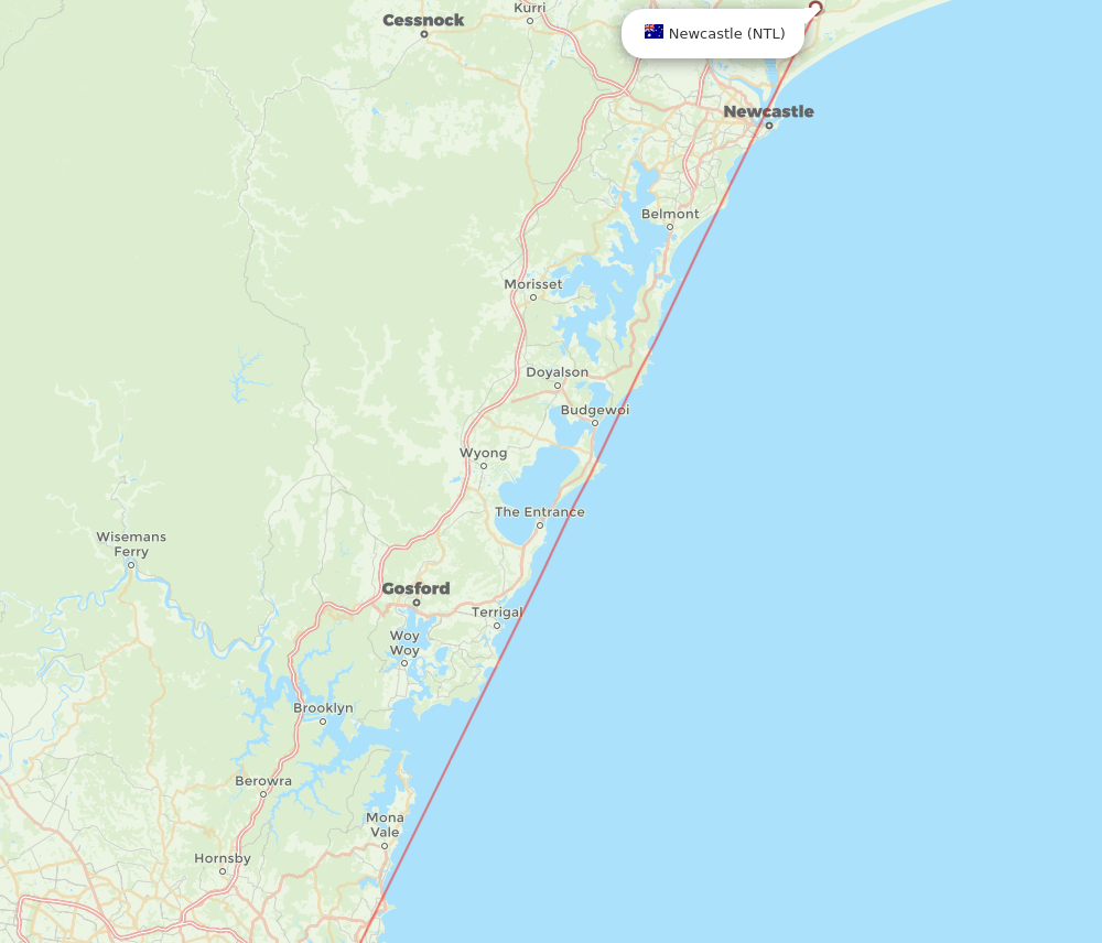 Sydney - Newcastle route map and flight paths