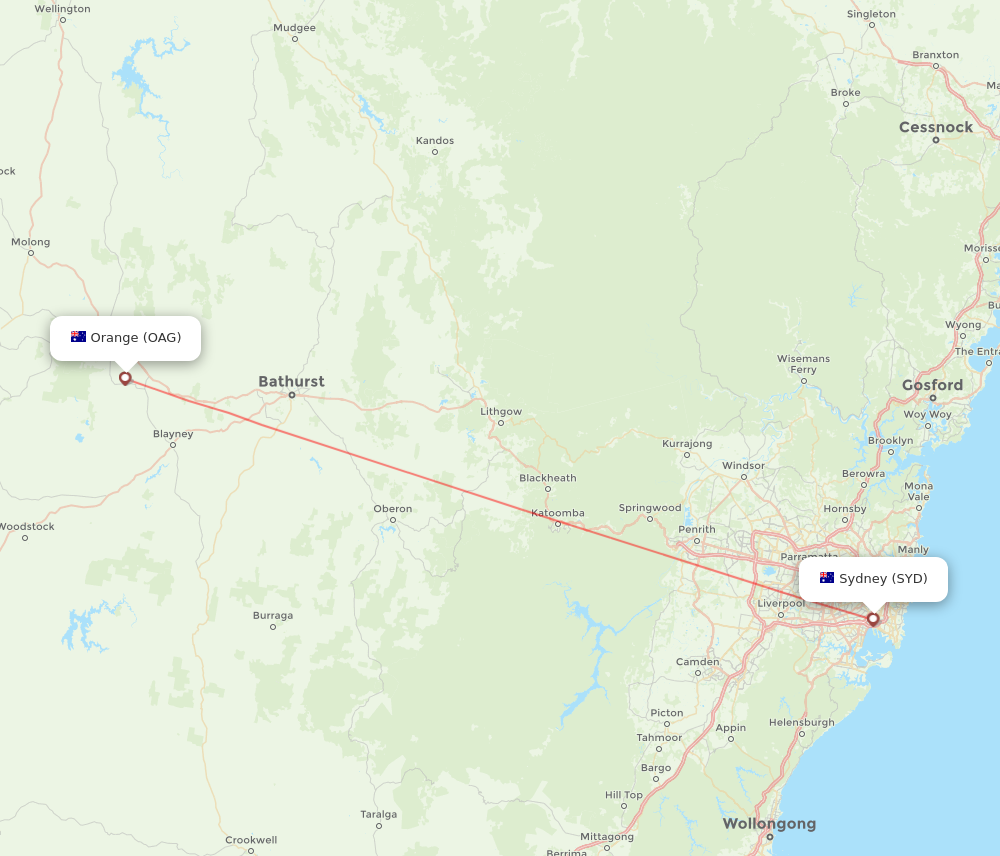 SYD to OAG flights and routes map