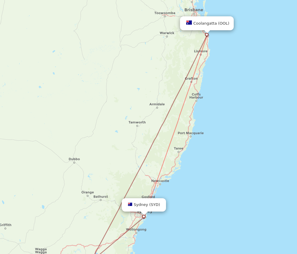 SYD to OOL flights and routes map