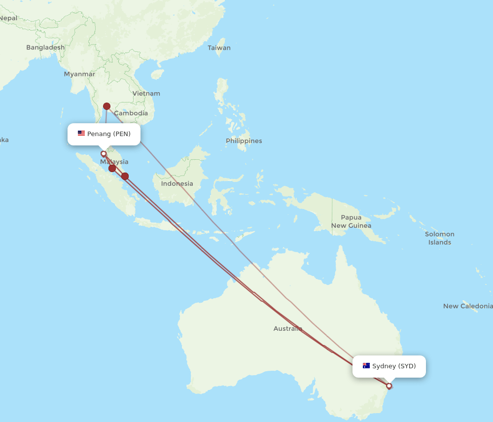 SYD to PEN flights and routes map