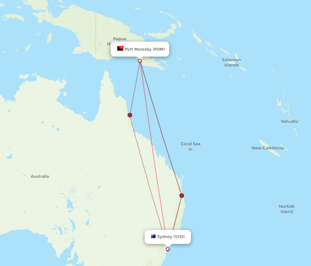 SYD to POM flights and routes map