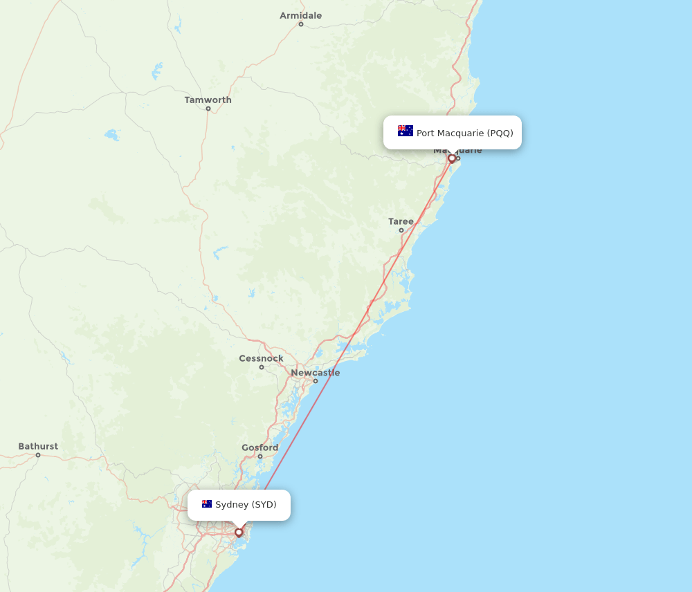 SYD to PQQ flights and routes map