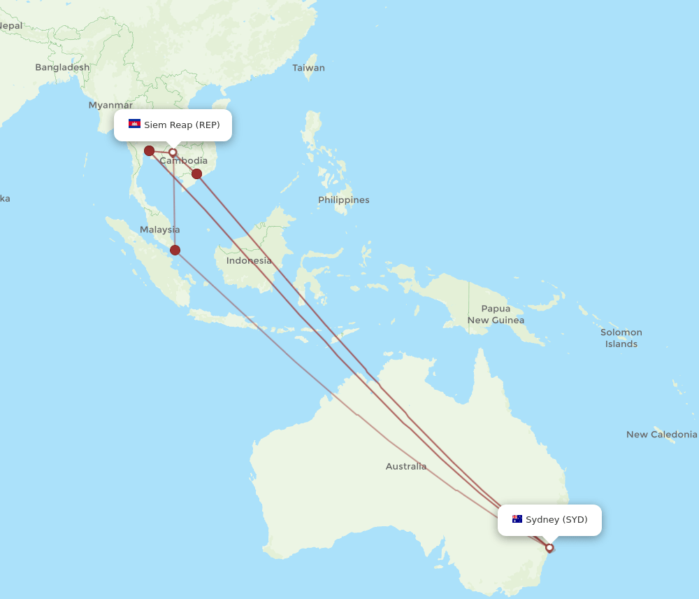 Sydney - Siem Reap route map and flight paths