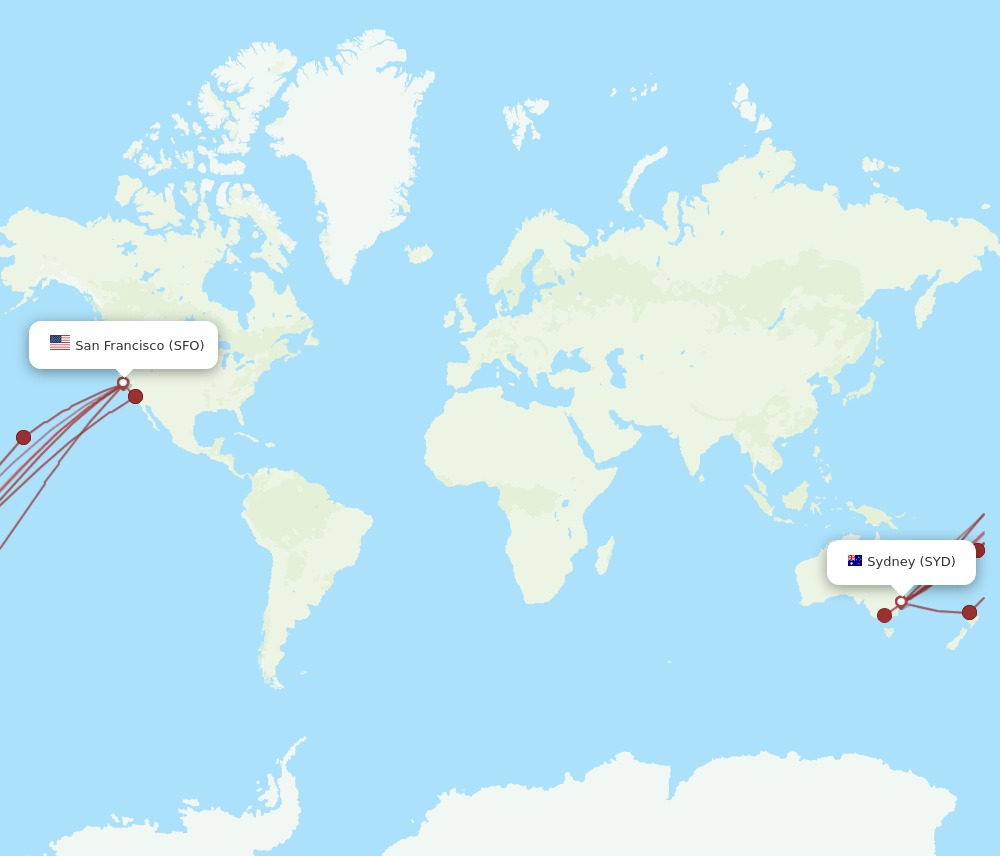 SYD to SFO flights and routes map