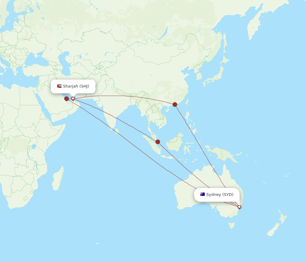 SYD to SHJ flights and routes map