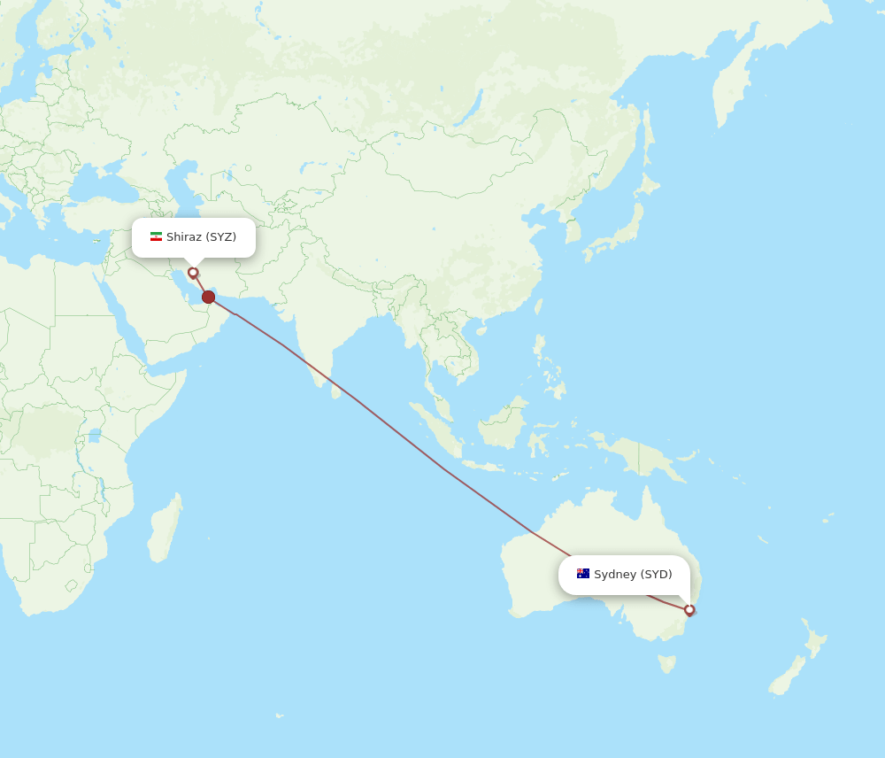 Shiraz - Sydney route map and flight paths