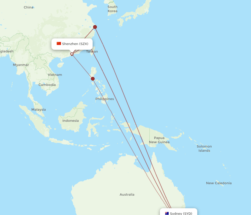 SYD-SZX flight routes