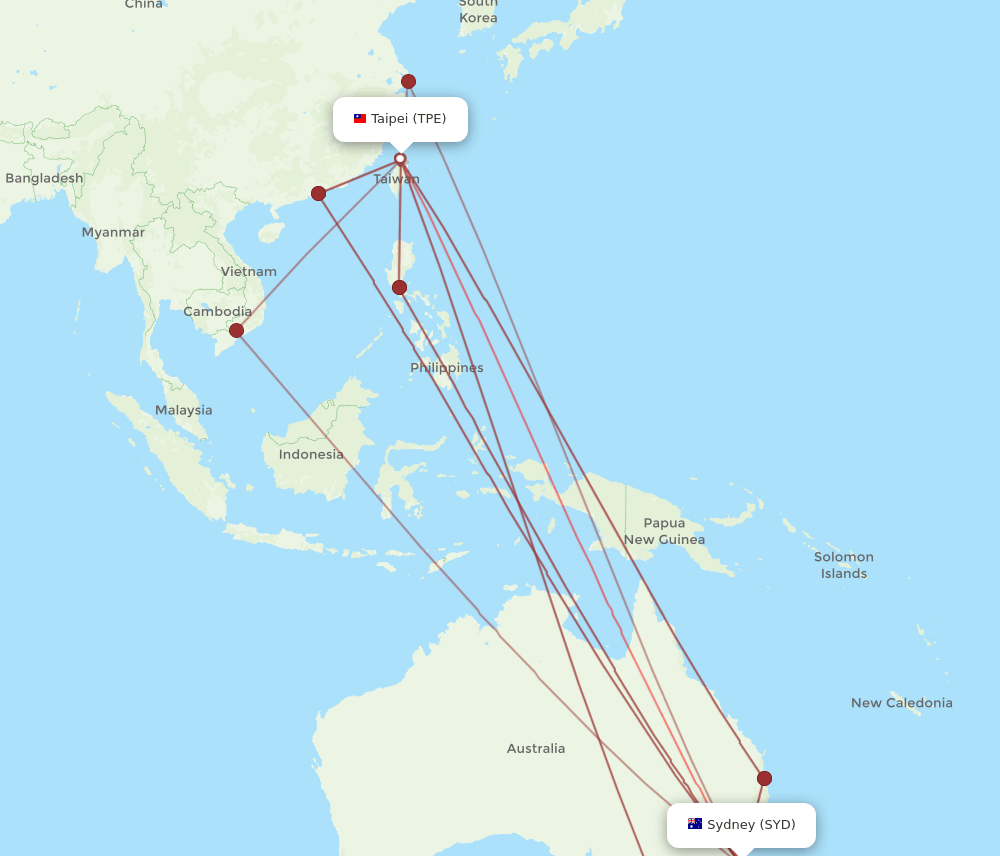 SYD to TPE flights and routes map