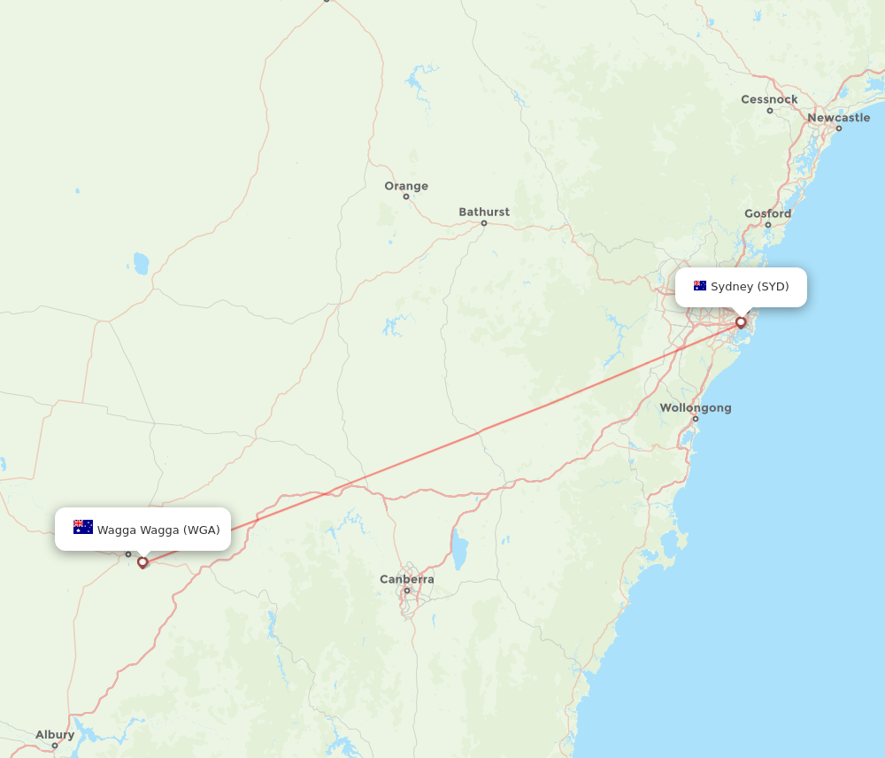 SYD to WGA flights and routes map