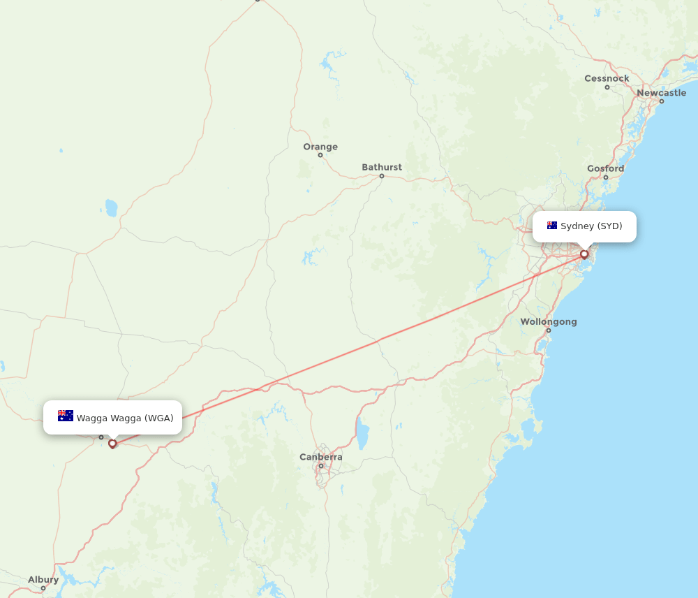 Sydney - Wagga Wagga route map and flight paths