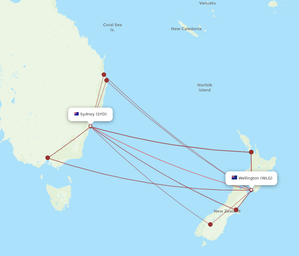 SYD to WLG flights and routes map