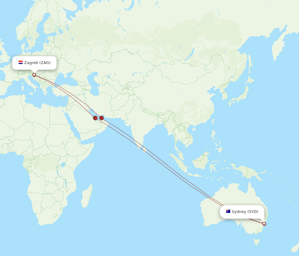 Zagreb - Sydney route map and flight paths