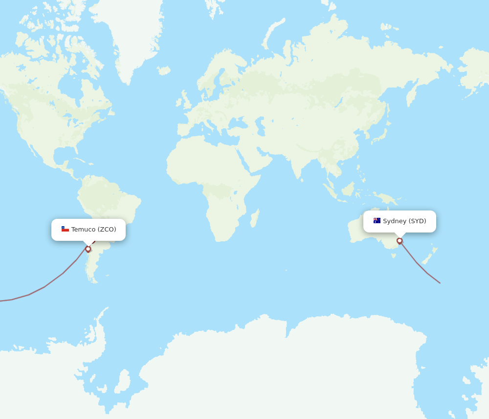 Temuco - Sydney route map and flight paths