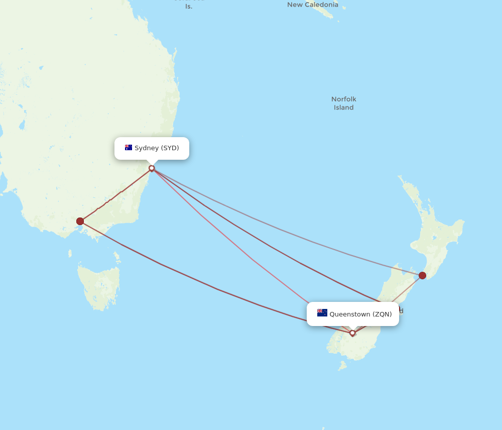 SYD to ZQN flights and routes map