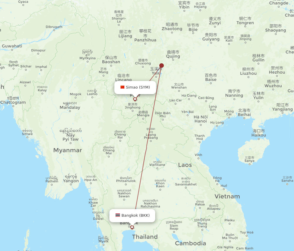 Bangkok - Pu'er route map and flight paths