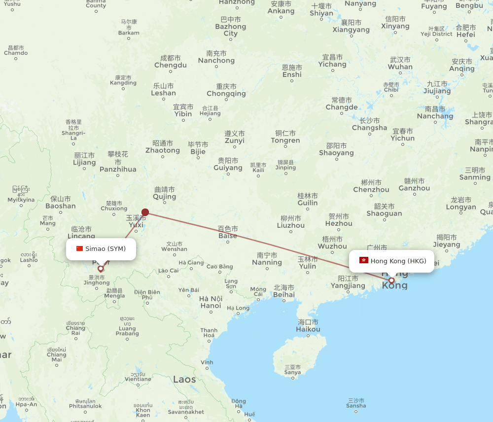 Hong Kong - Pu'er route map and flight paths
