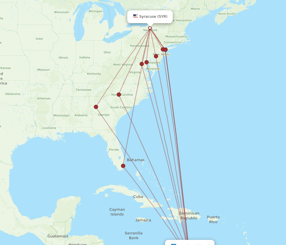 SYR to AUA flights and routes map
