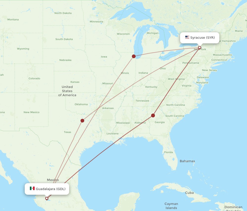 SYR to GDL flights and routes map